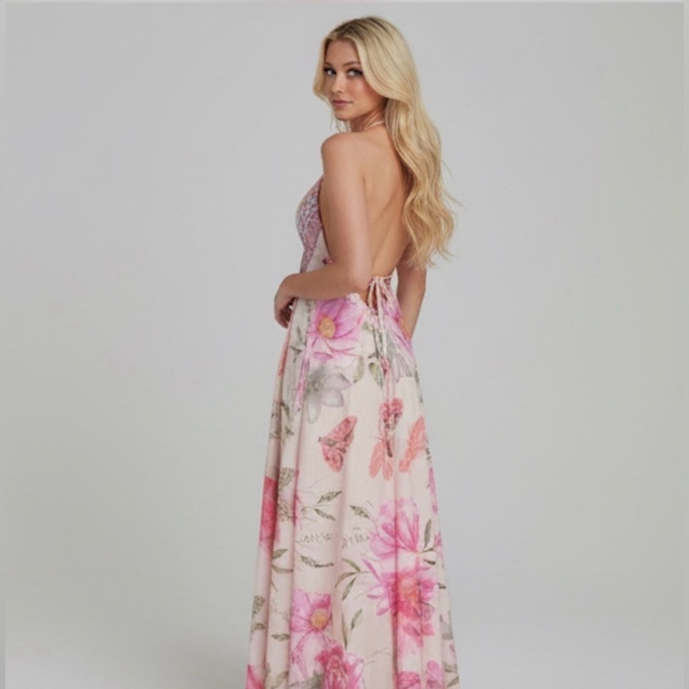 Boho Pink Floral Halter V- Neck Maxi Dress Low Back - Picture 2 of 8